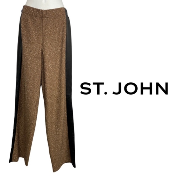St. John Wide-Leg Wool Knit Trousers with Leather Trim Brown/Black/White -Size 8 - Picture 1 of 14